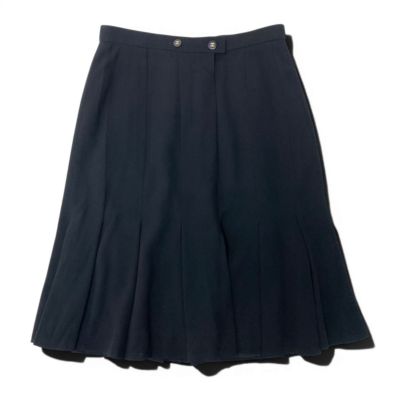 Cd22 CHANEL BOUTIQUE シャネル プリーツスカート ひざ丈スカート ココマークボタン  ネイビー ウール100％ レディース 女性服u02t