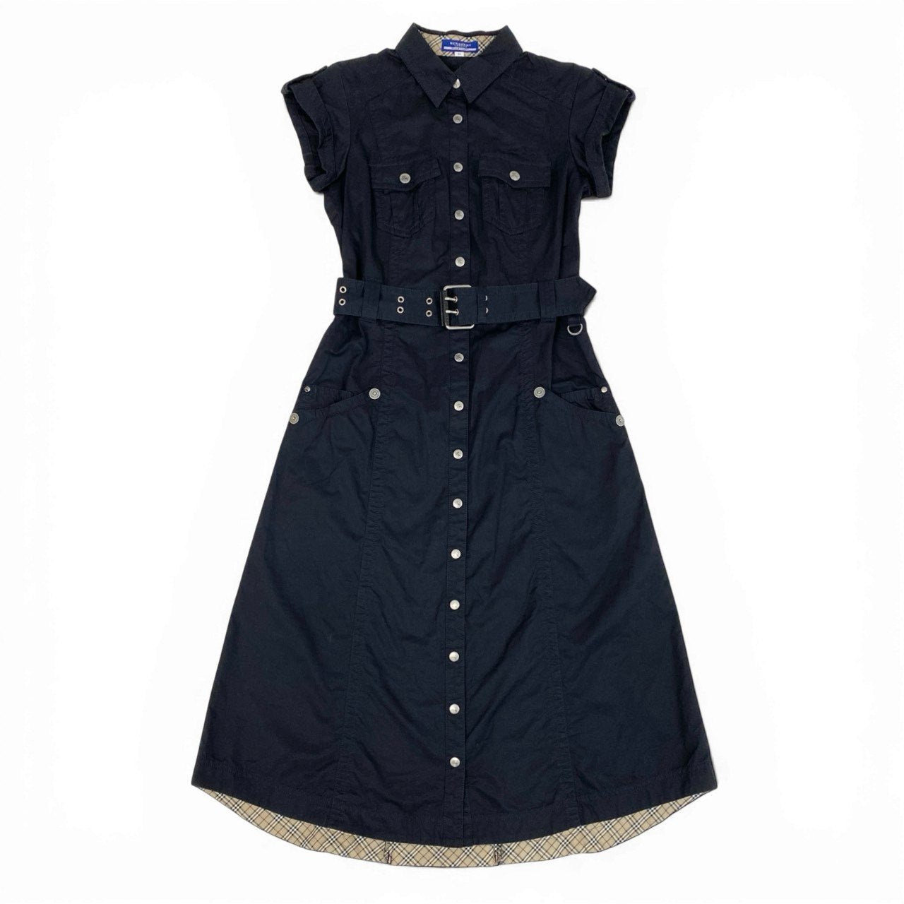 Ab9 BURBERRY BLUE LABEL バーバリー ブルーレーベル Aライン ベルテッド ワンピース ノバチェック 半袖 ホースボタン 36 ネイビー レディースk02i