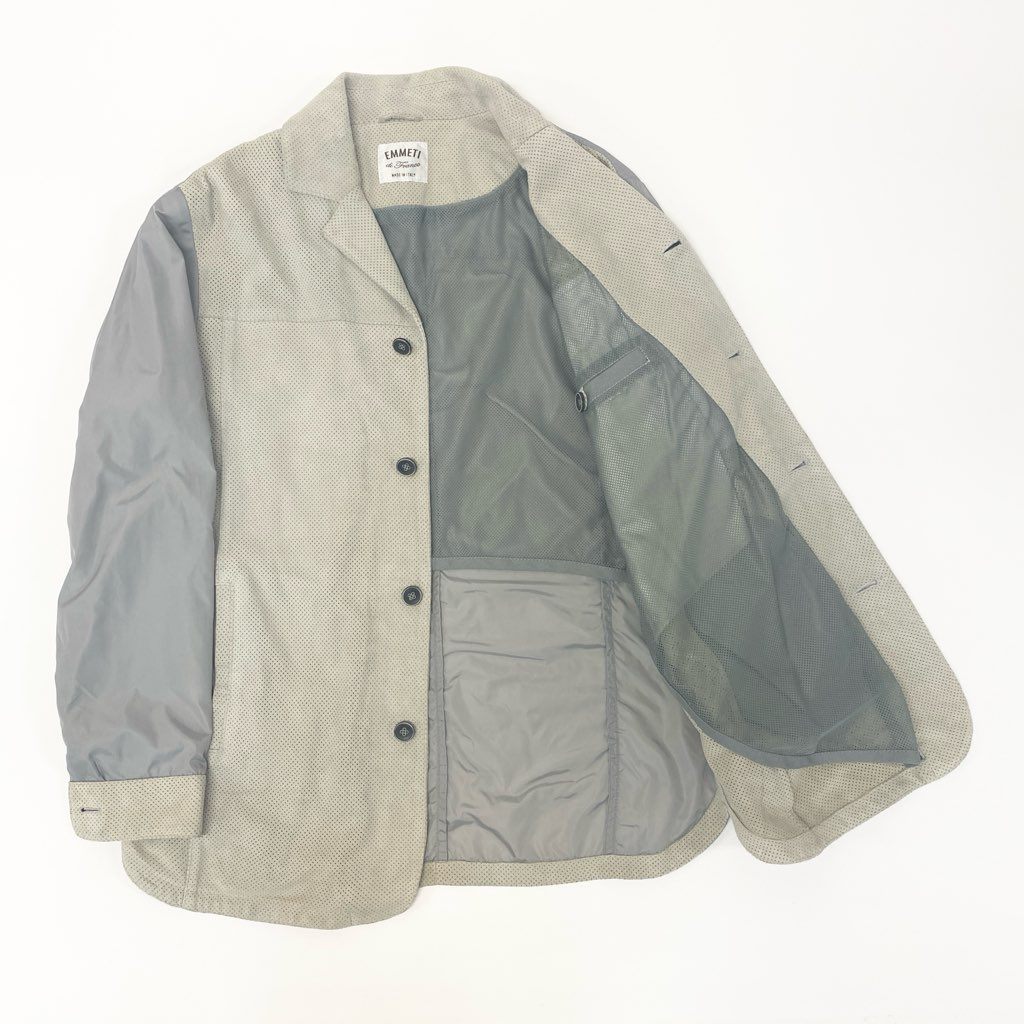 40l25 EMMETI エンメティ パンチングレザー ジャケット シャツ ナイロン 異素材 山羊革 46サイズ アイボリー グレー メンズo07t