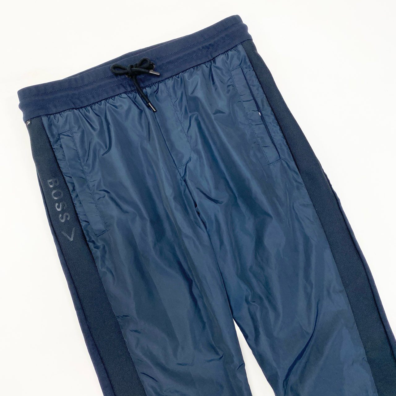 77i26 HUGO BOSS ヒューゴボス PERFORMANCE ナイロン切替 スウェットパンツ S ネイビー ストレッチ◎ ボトムス サイドラインt18r