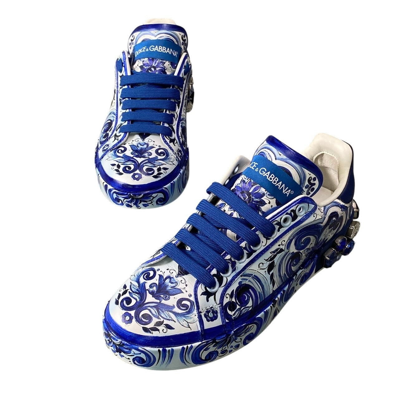 【美品】 DOLCE&GABBANA ドルチェアンドガッバーナ ポルトフィーノ ビジュー スニーカー マヨリカ ハンドペイント サイズ37 ブルー ホワイト レディースk02i