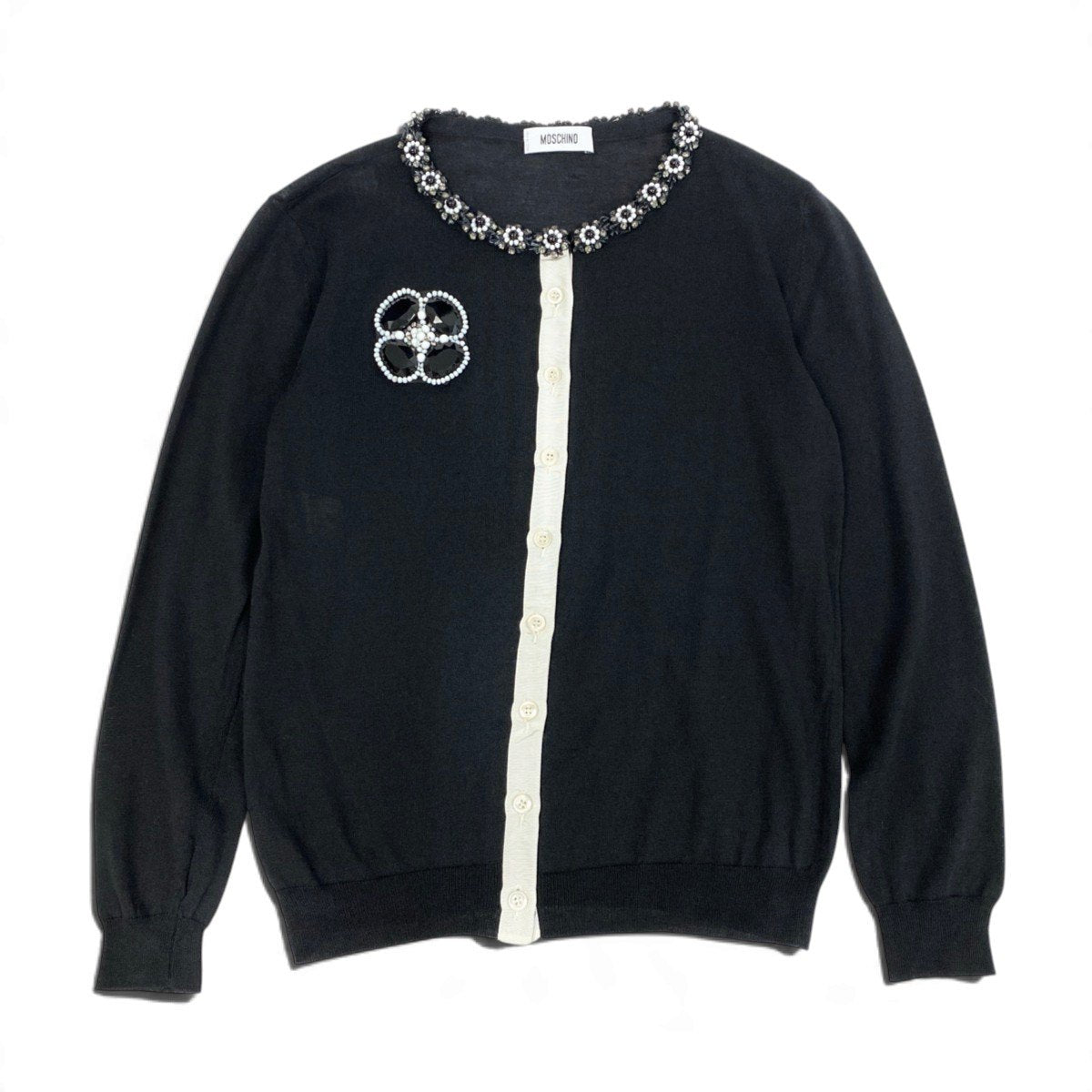 Ej15 MOSCHINO モスキーノ ロングスリーブ ニットカーディガン 花柄 ビーズ サイズ38 ブラック レーヨン コットン レディースu02t