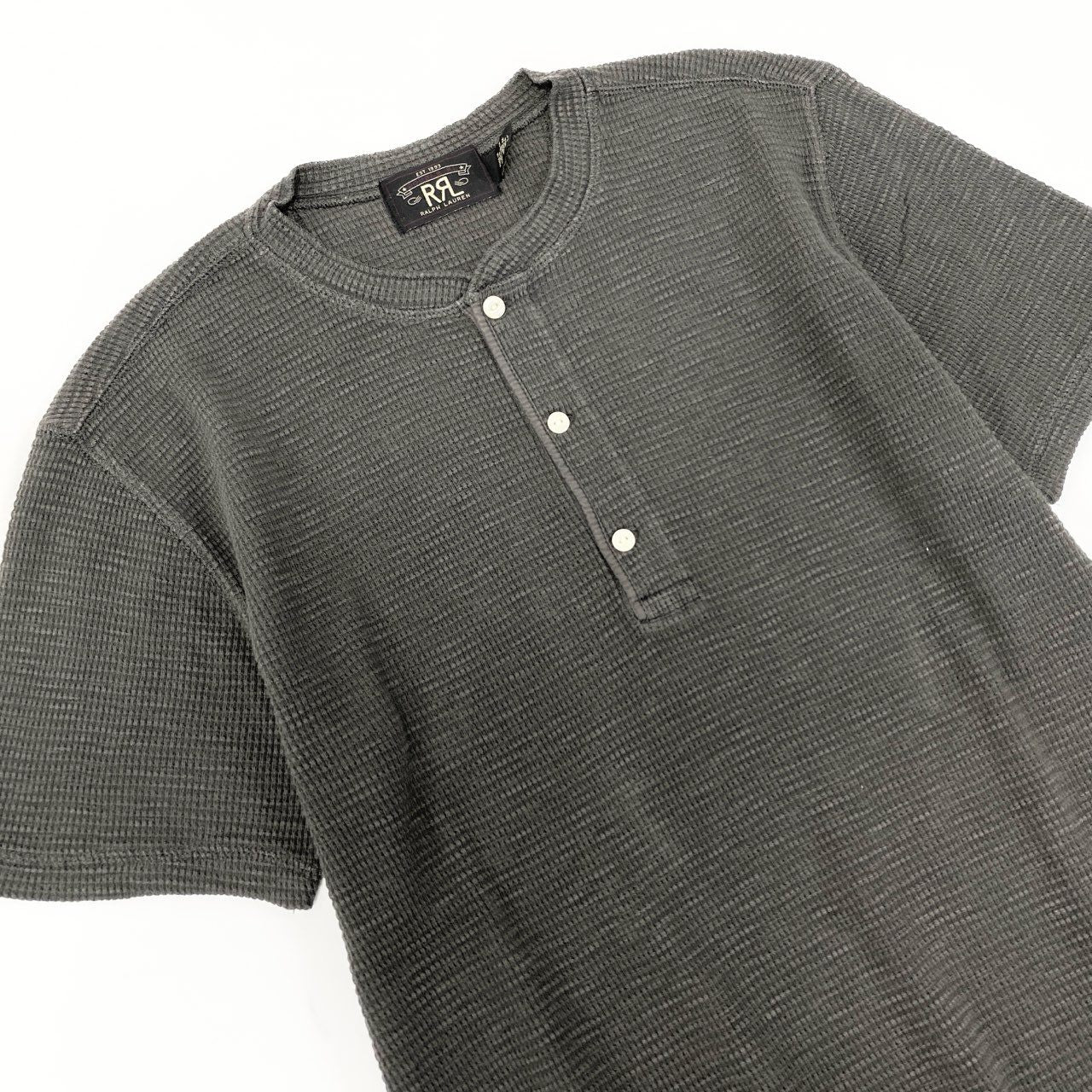 10k11【美品】RRL ダブルアールエル ラルフローレン ヘンリーネック ワッフルTシャツ サーマルカットソー サイズL グレー メンズ 男性用k02i