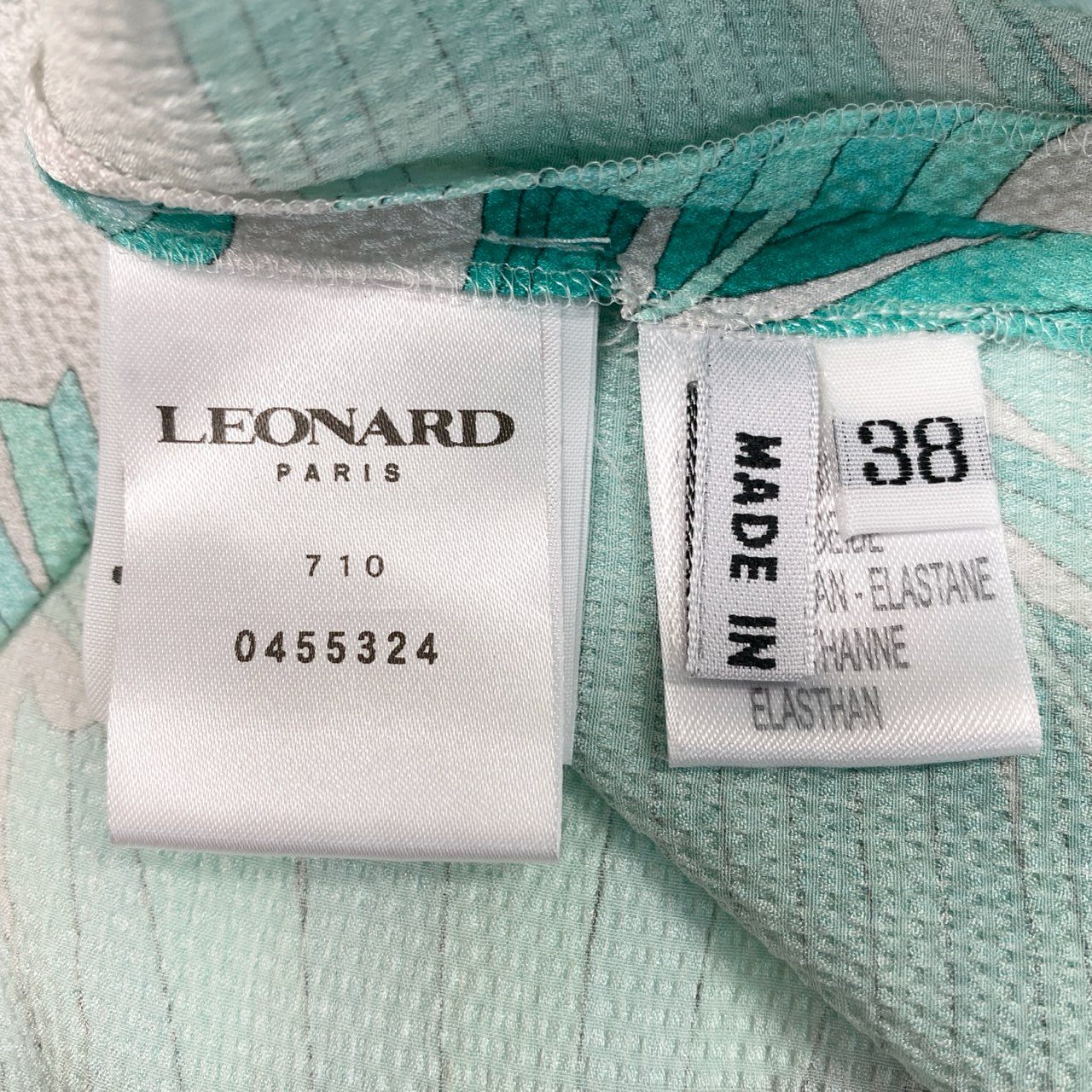 68d13 LEONARD PARIS  レオナール オープンカラー チュニックカットソー ボタニカル柄 ショートスリーブ シルク混 イタリア製 サイズ38 ホワイト グリーン レディース 女性用u02t