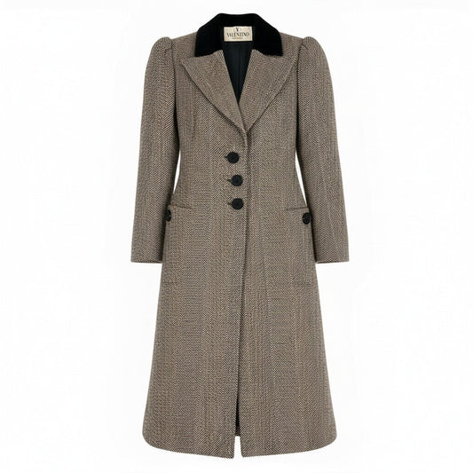 58a21 Vintage VALENTINO BOUTIQUE ヴァレンティノ ブティック チェスターコート ツイード ロングコート ヘリンボーン ウール混 レディース 女性用 サイズ6 ブラック ベージュu02t