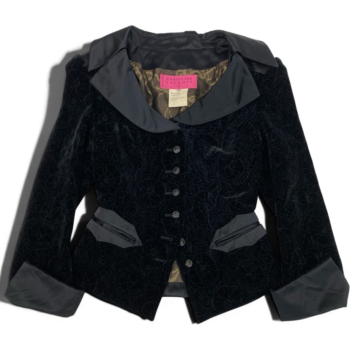 60f2 CHRISTIAN LACROIX クリスチャンラクロワ ベロアジャケット 総柄刺繍 異素材切替 フォーマル シルク混 サイズ38 ブラック レディース 女性服o07t