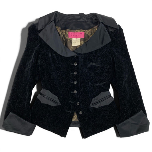 60f2 CHRISTIAN LACROIX クリスチャンラクロワ ベロアジャケット 総柄刺繍 異素材切替 フォーマル シルク混 サイズ38 ブラック レディース 女性服o07t