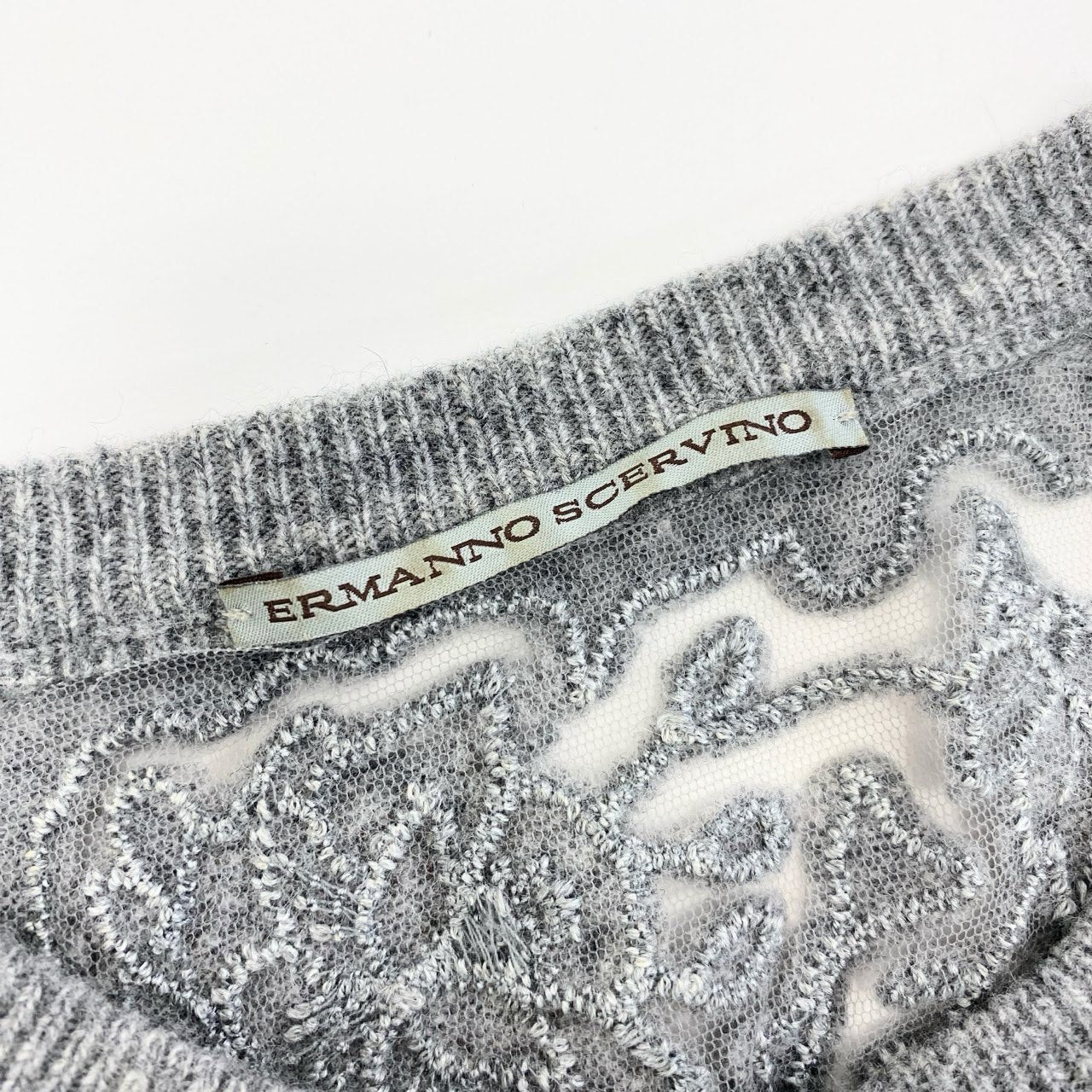 48k2 Ermanno Scervino エルマンノ シェルヴィーノ イタリア製 大きいサイズ レースデザイン 長袖 ニット カーディガン 44 XLサイズ相当 グレー ウール カシミア レディースo07t