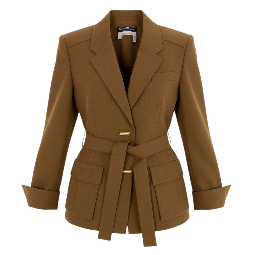 Ec6 Salvatore Ferragamo サルヴァトーレフェラガモ ハーフコート ジャケット ウエストリボン 金ロゴボタン レディース 女性服 イタリア製 44 キャメル コットン100％u02t