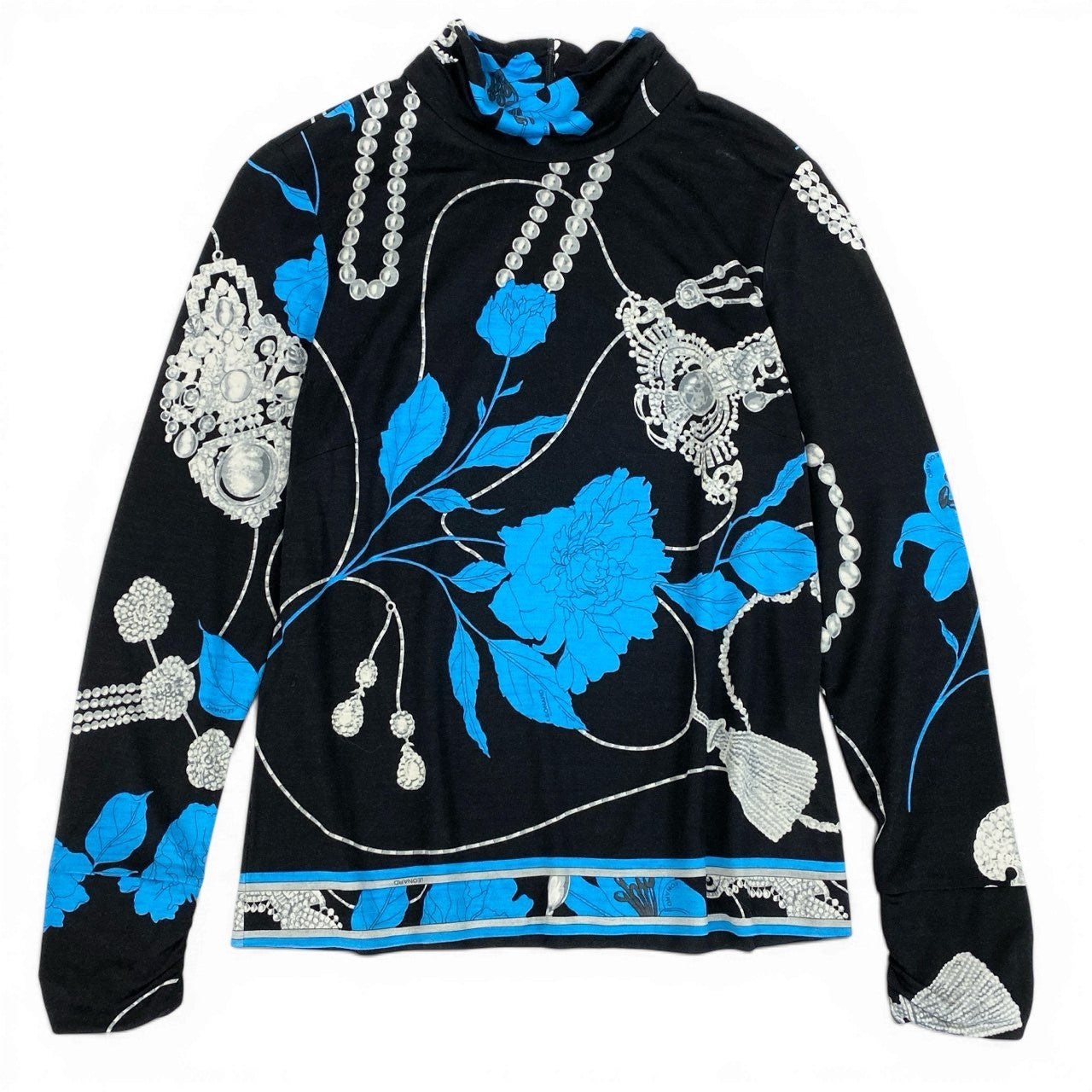 60d13 LEONARD FASHION レオナール ロングスリーブカットソー 美しい花柄プリント ハイネック トップス ウールシルク混 サイズ40 ブラック レディース 女性用u02t