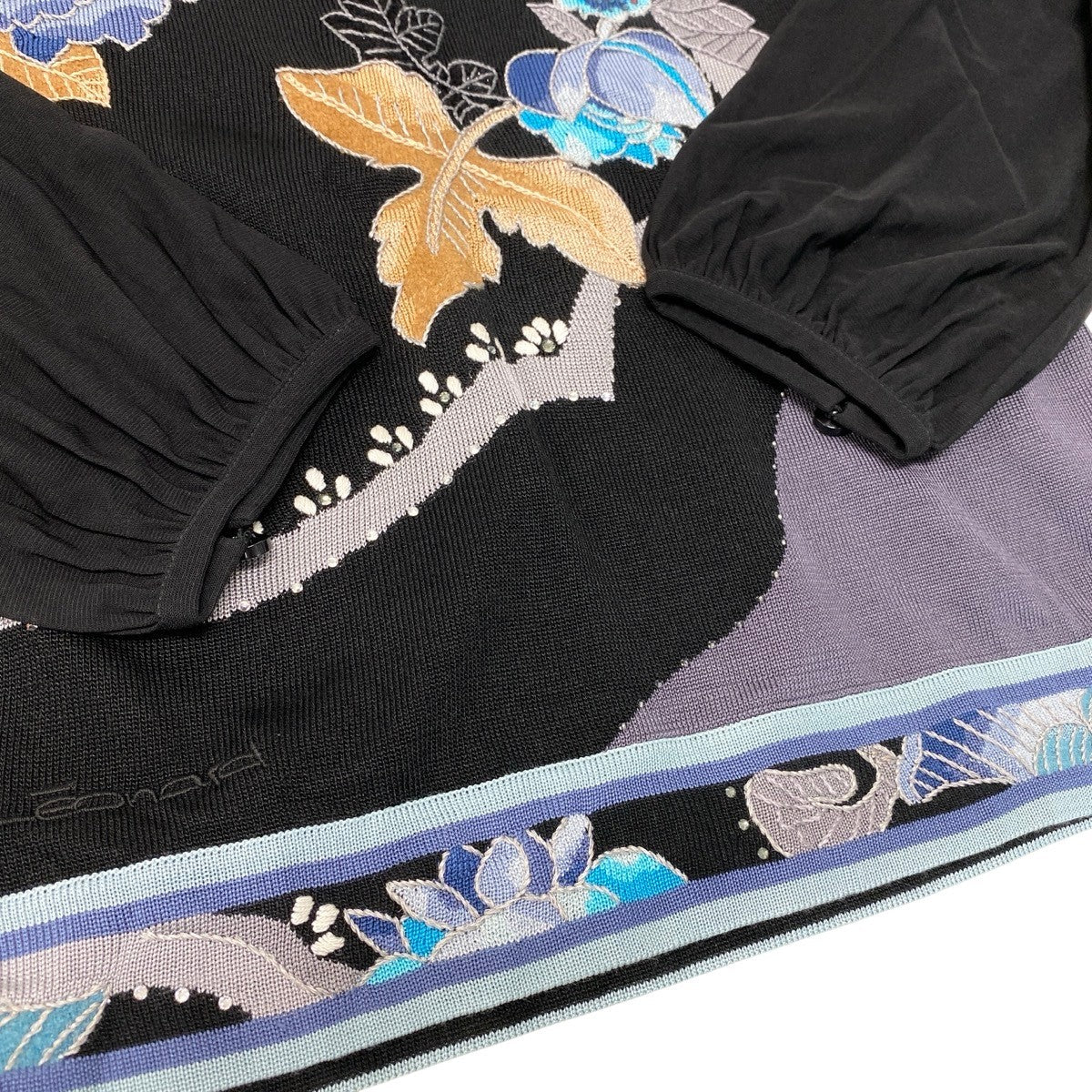 93h25 LEONARD FASHION レオナール ニットカットソー カンカン素材切替 花柄刺繍 38 ブラック レディースu02t
