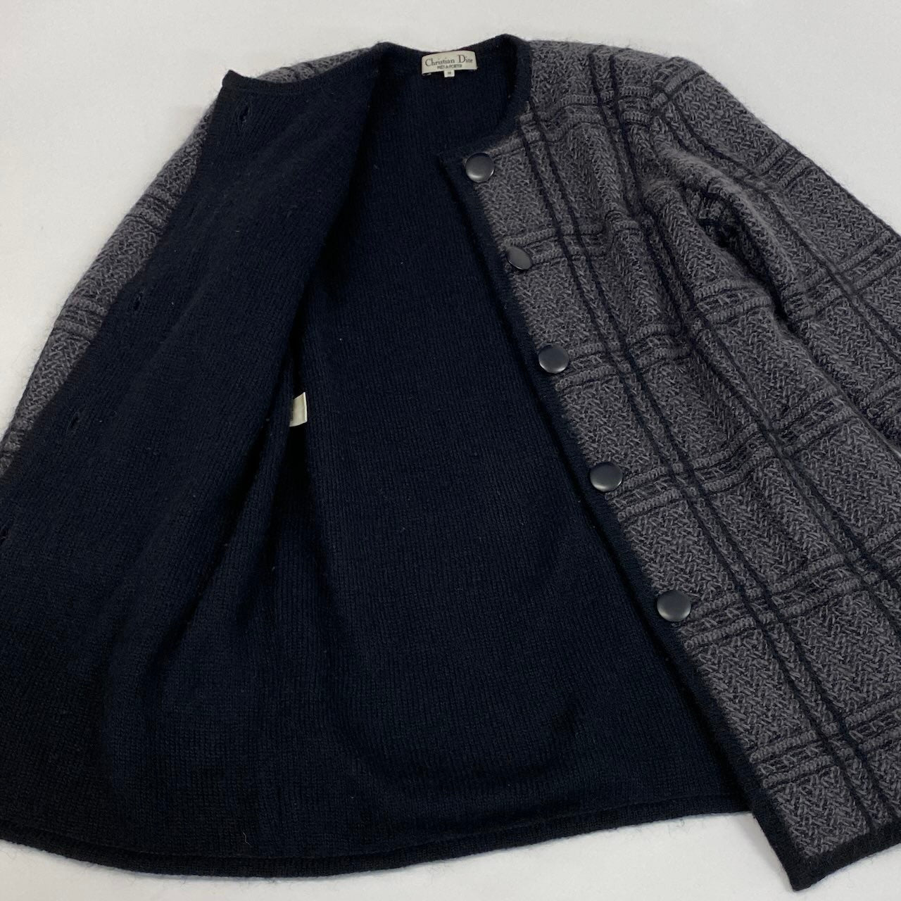 21d18 Christian Dior クリスチャンディオール ロングスリーブ ニットカーディガン ミディアム丈 総柄 Mサイズ グレー系 レディース 女性用u02t