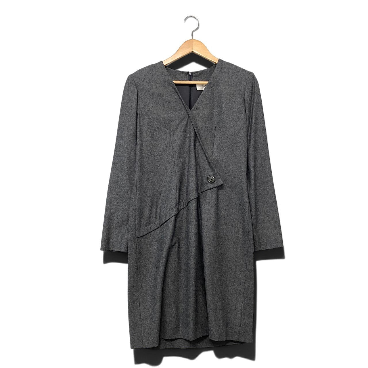 1h16 YVES SAINT LAURENT イヴサンローラン フロントクロス ウールワンピース 膝丈 ロングスリーブ サイズ36 グレー レディースu02t