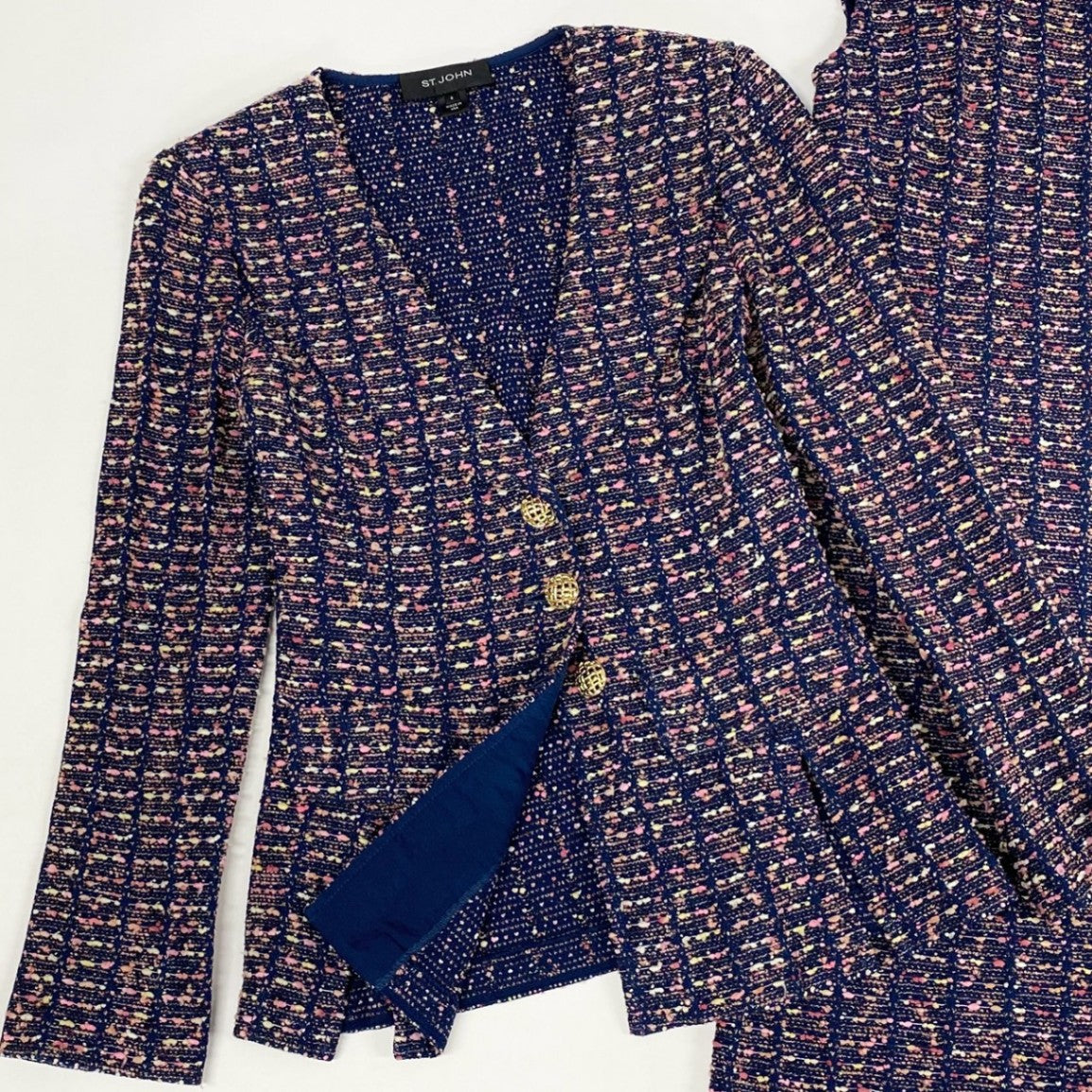 36a7 ST.JOHN セントジョン ワンピース ジャケット セットアップ アンサンブル 金ボタン ツイード 4 XLサイズ ネイビー ピンク系 レディースo07t