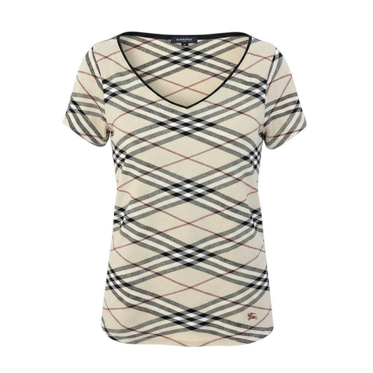 10d27 BURBERRY LONDON バーバリーロンドン Vネック ニットセーター ショートスリーブ ニットカットソー チェック柄 サイズ2 ベージュ系 コットン100％ レディース女性用u02t
