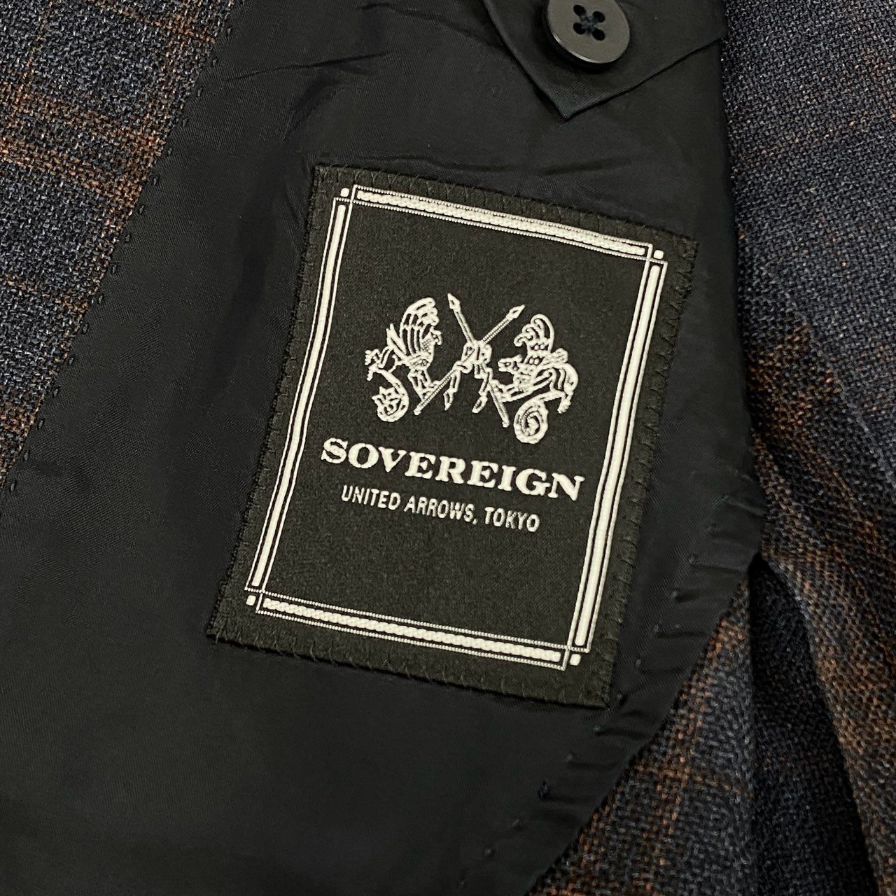 81j8 UNITED ARROWS SOVEREIGN ユナイテッドアローズ テーラードジャケット ウールジャケット 背抜き 3釦 チェック柄 ビジネス メンズ 紳士服 1122-110-5614 44 ネイビー ブラウン系u02t