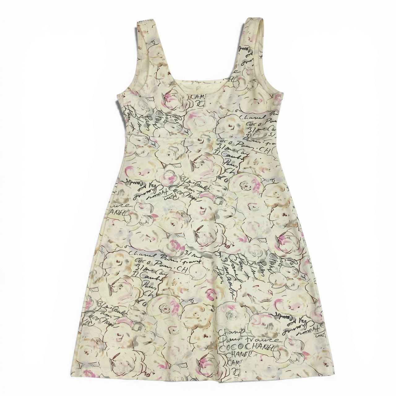 60a14【archive】CHANEL シャネル 1998年 Cruise P10058 カメリア総柄 マイヨ素材 キャミワンピース ワンピース サイズ40 アイボリー系 レディースta1