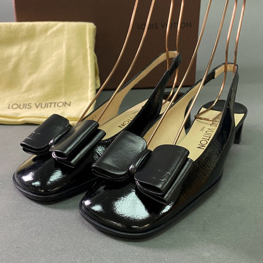 9j28 《美品》 LOUIS VUITTON ルイヴィトン LVロゴ リボン バックストラップ パンプス 36 ブラック レザー スクエアトゥ サンダル シューズ イタリア製