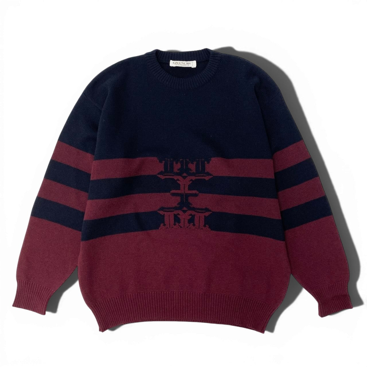 31c16 GIVENCHY ジバンシー Vintage ロングスリーブニット ニットセーター ボーダー Lサイズ ネイビー ボルドー ウール10％ メンズ 男性用o07t