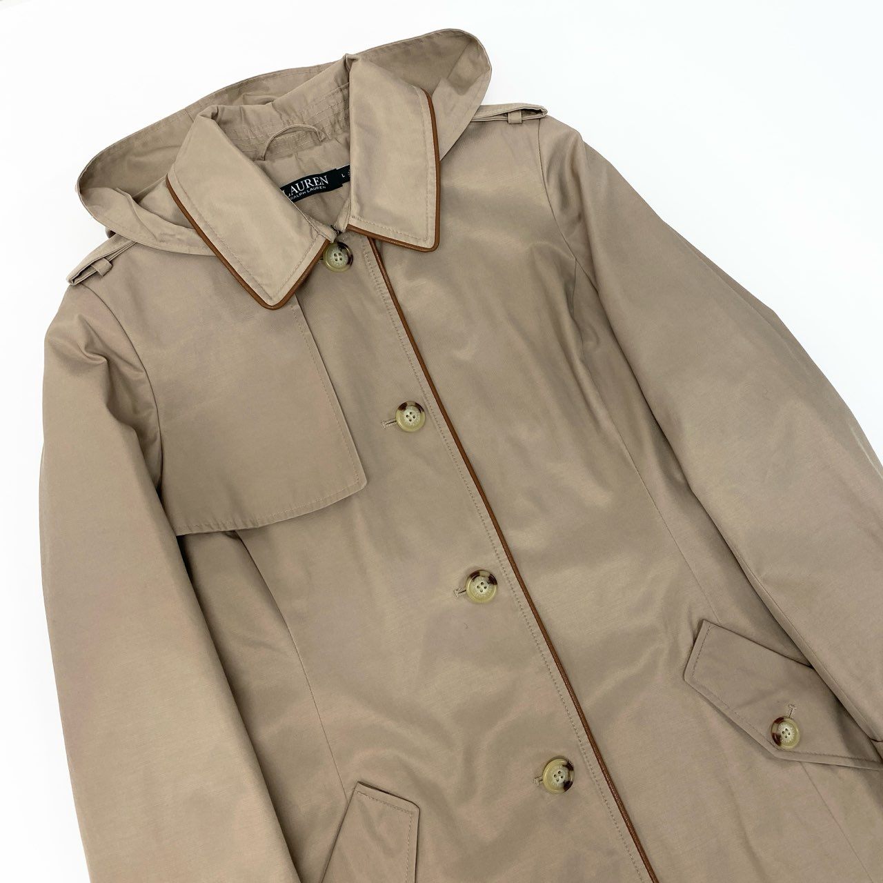 51Ⅼ2 LAUREN RALPH LAUREN ローレン ラルフローレン トレンチコート ロングコート フード取り外し可 2way レザーパイピング 裏地総柄 レディース L  ベージュu02t
