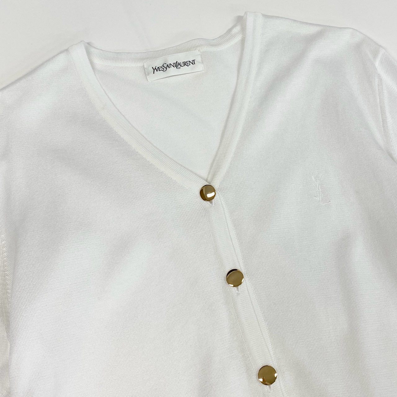 Id10 YVES SAINT LAURENT イヴサンローラン YSLロゴ Vネック ニットカーディガン トップス M ホワイト コットンu02t