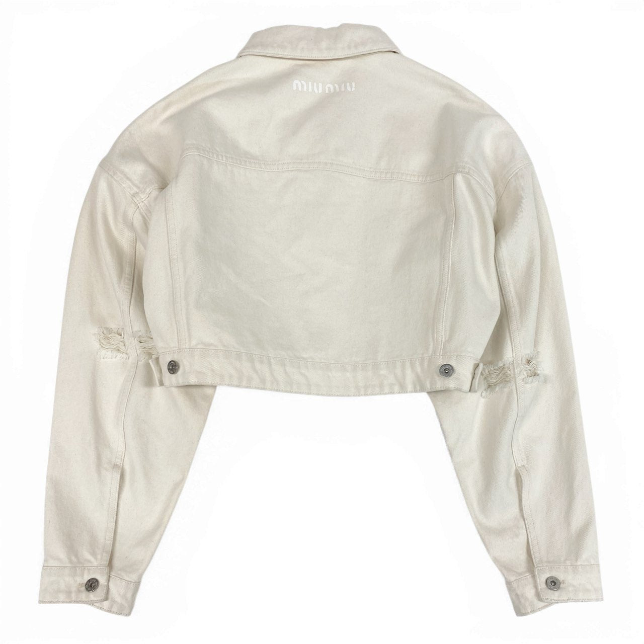 42a23 miu miu ミュウミュウ バックロゴプリント ダメージ加工 クロップドデニムジャケット 短丈ジャケット サイズ42 レディースta1