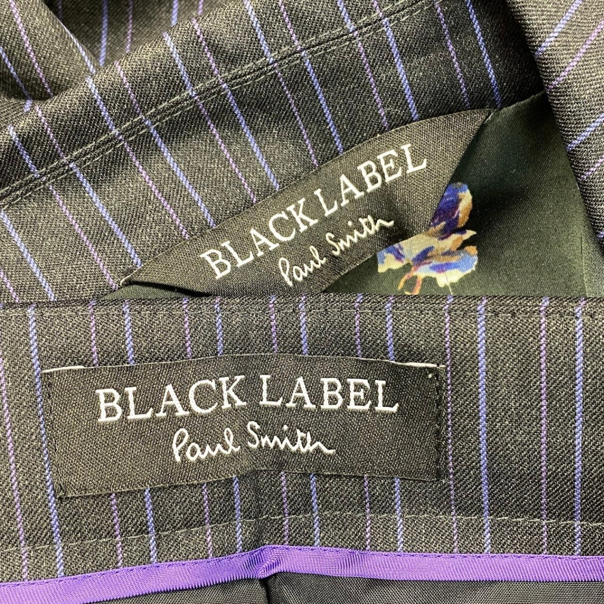 48i1 【美品】 BLACK LABEL Paul Smith ブラックレーベル ポールスミス セットアップ スカートスーツ ストライプ柄 テーラードジャケット 裏地花柄 40/38 ダークグレー パープル レディース 女性用u02t