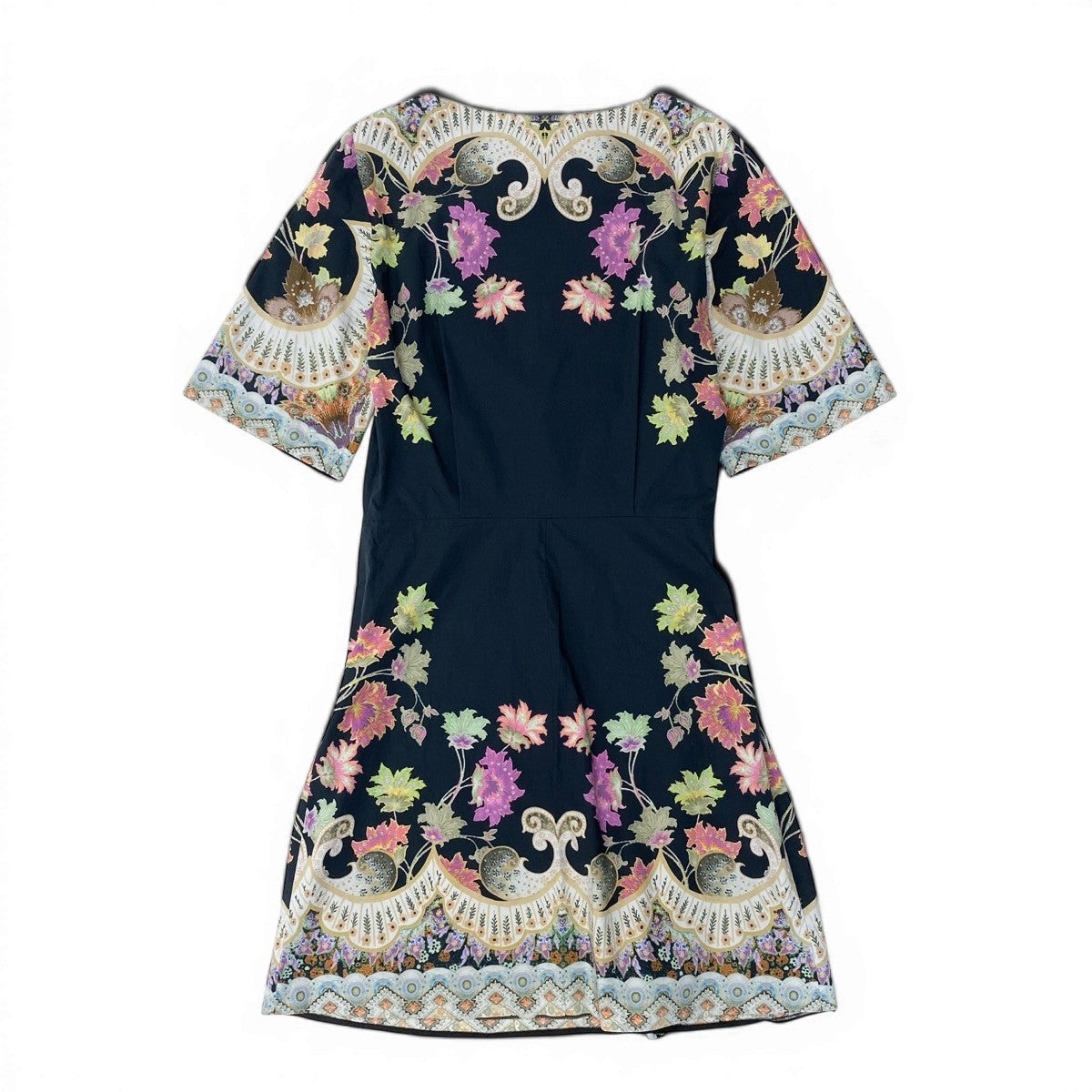28f15 ETRO エトロ 花柄プリント 五分袖ワンピース ドレス 大きいサイズ 44 ブラック マルチカラー コットン レディースo07t