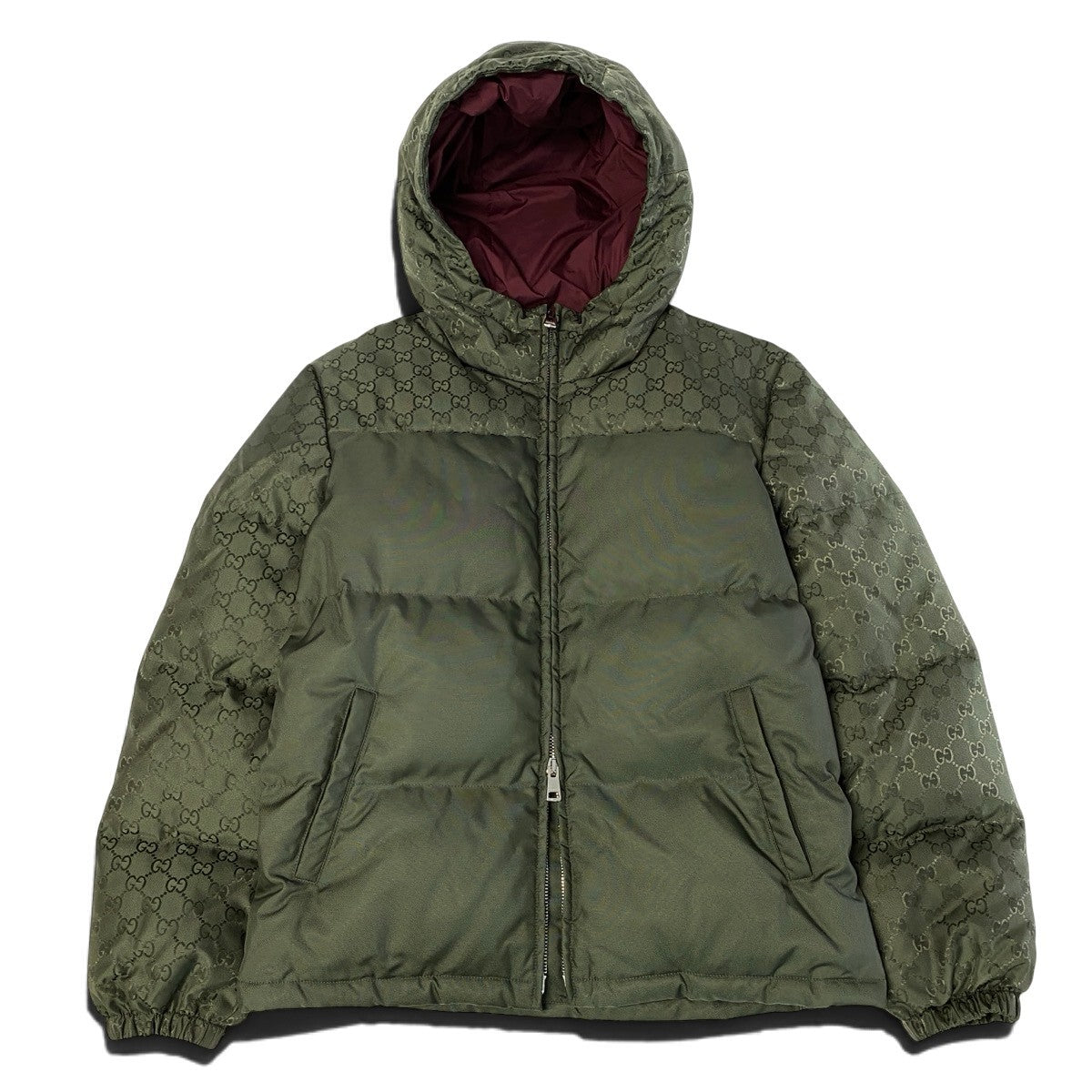 j26 【極美品】GUCCI ダウンジャケット GGジャガード アウター イタリア製 46サイズ カーキ ポリエステル100％ レディース 女性用k02i