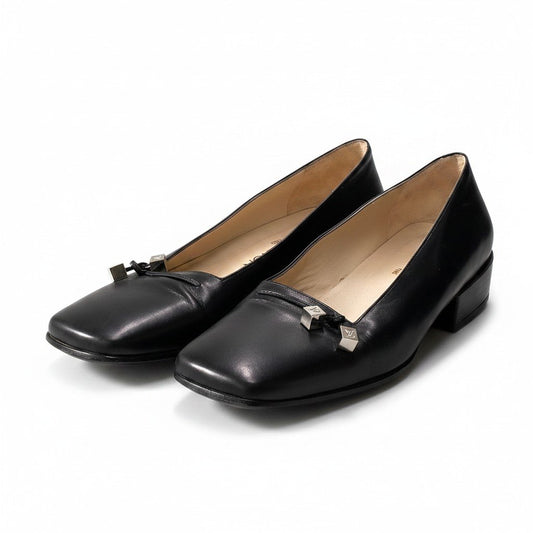 e4 LOUIS VUITTON ルイヴィトン スクエアトゥ ヒールパンプス ローヒール ロゴキューブ レザー 36 1/2 ブラック レディース 女性靴o07t