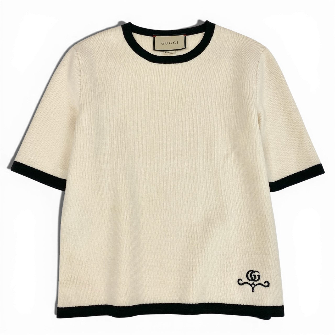 Ia14【美品】 GUCCI グッチ 23AW 半袖ニットセーター ハイゲージ ウールニット バイカラー GGロゴ刺繡 681309 XKB7S サイズS オフホワイト ブラック ウール100％o07t