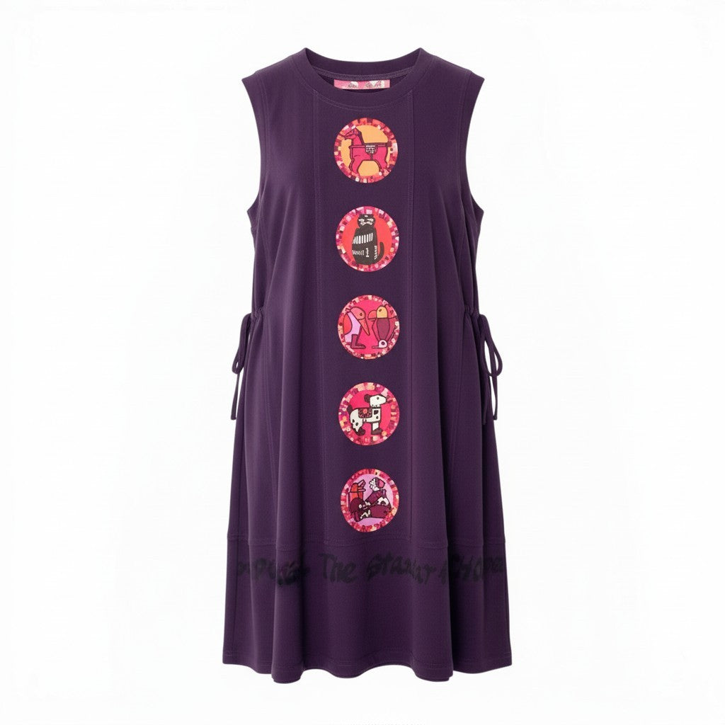 5c10 TOKUKO 1er VOL トクコプルミエヴォル ノースリーブワンピース Aラインワンピース サイドリボン アニマル柄 レディース 女性服 サイズ9 パープルu02t