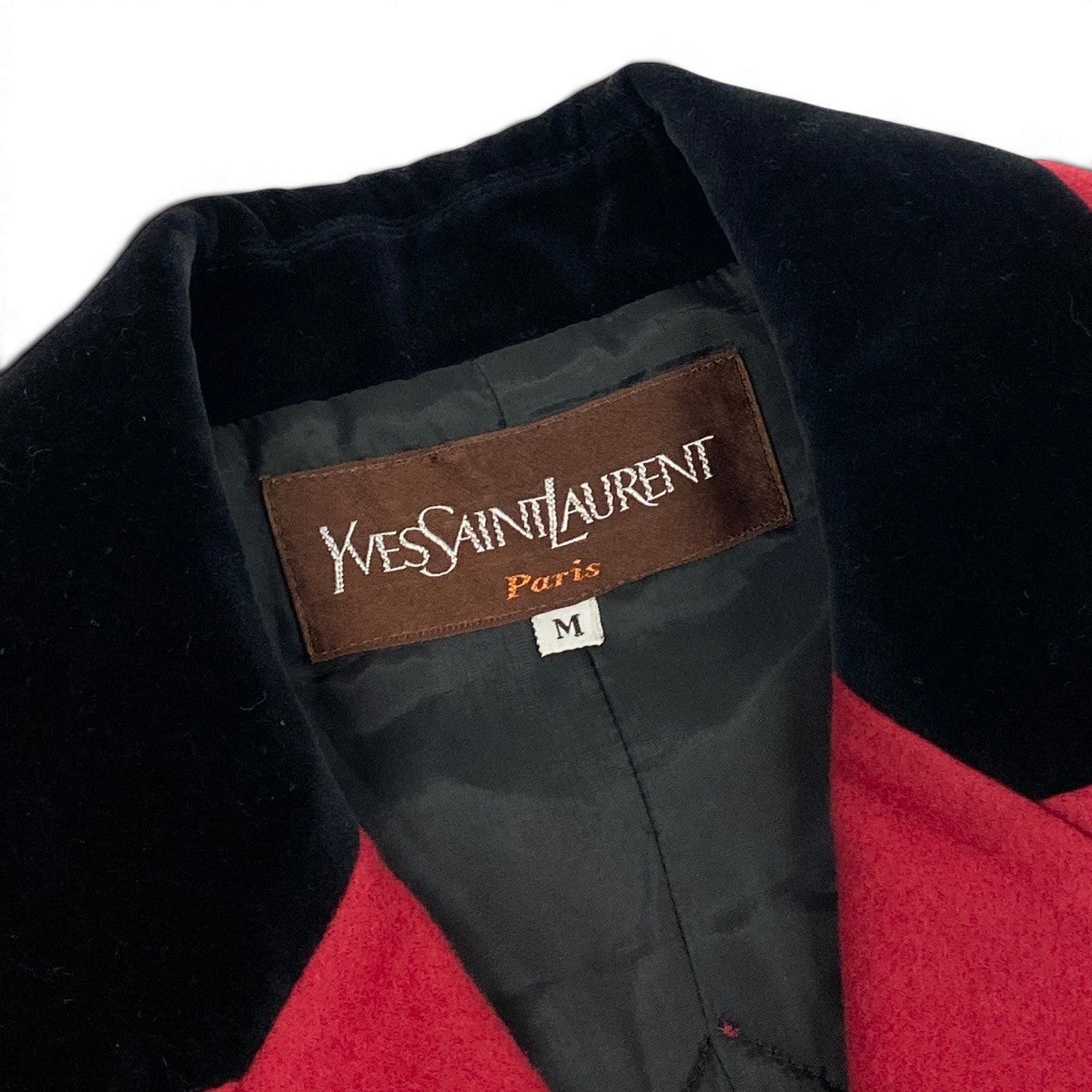 7f4 YVES SAINTL AURENT イヴサンローラン ダブルブレスト チェスターコート ウールコート ベロア切替 バイカラー サイズM レッド ブラック レディース 女性服o07t