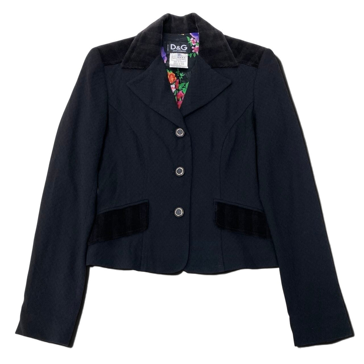 11i28 D&G DOLCE&GABBANA ドルチェアンドガッパーナ 00’s テーラードジャケット 異素材切替 花柄裏地 イタリア製 42サイズ ブラック レディース 女性用u02t