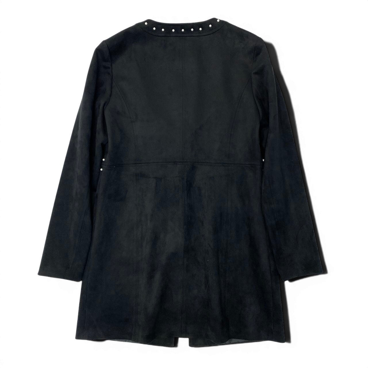 71e8 KARL LAGERFELD PARIS カール ラガーフェルド パリ ノーカラースウェードコート パール装飾 サイズ6 ブラック レディース 女性用u02t