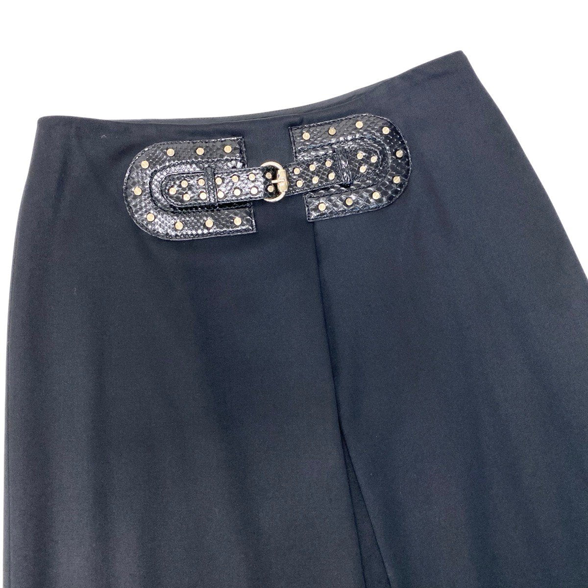 If12 GUCCI グッチ スタッズ装飾 レザーベルト 膝丈スカート ストレッチ 165667 サイズ46 ブラック レディース 女性用t18r