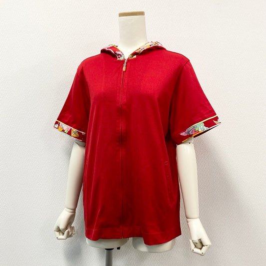 66i18 《美品》 LEONARD レオナール 半袖パーカー ジップアップ カットソー トップス 鹿の子  L レッド コットン レディース 美しい花柄プリントu02t