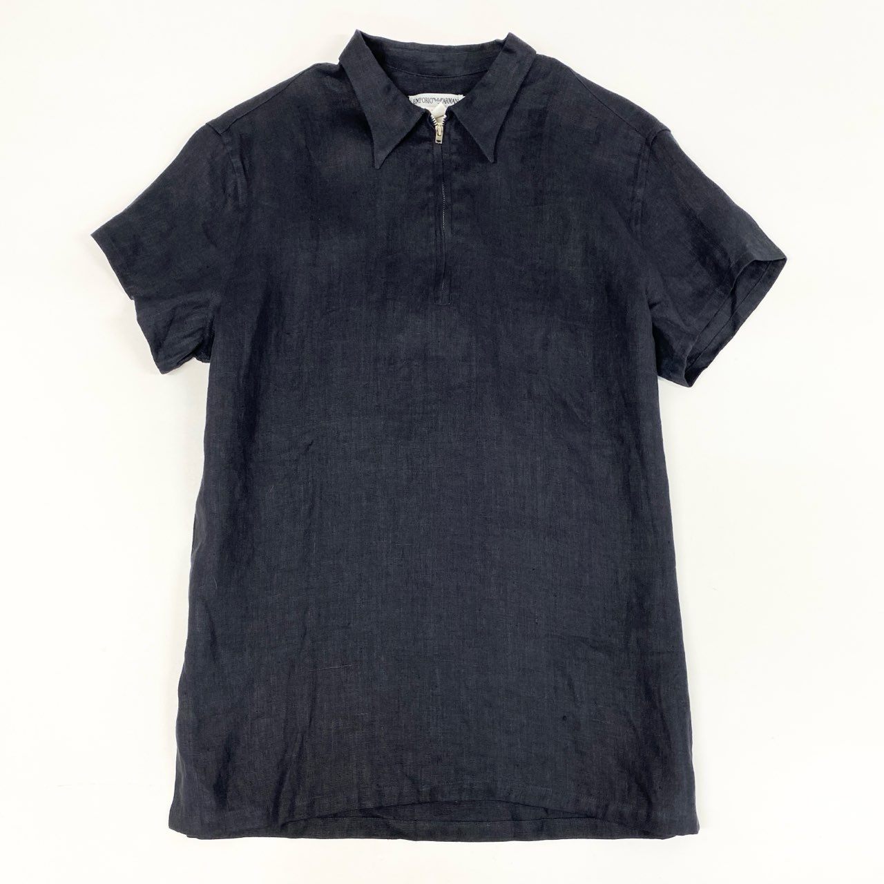 32i9 EMPORIO ARMANI エンポリオアルマーニ 半袖ポロシャツ  リネンシャツ ハーフジップアップ 90’s～00’s old メンズ 男性用 M ブラック リネン100％u02t