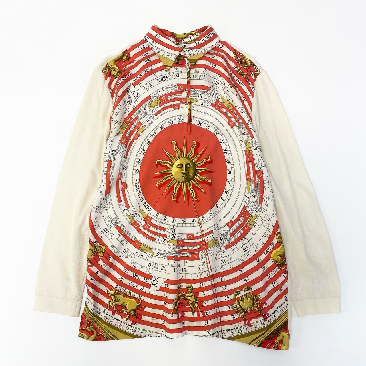 86a16 HERMES エルメス DIES ET HORE ニット切替 ロングスリーブ ポロシャツ シルク100％ メンズ 紳士服 M オフホワイトo07t