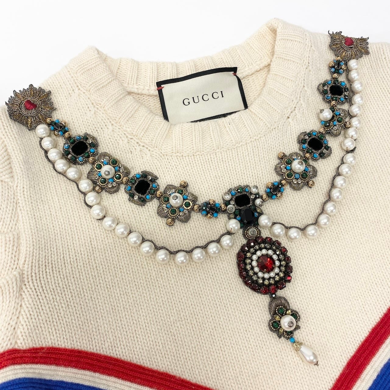 Id20 GUCCI グッチ 装飾ニットセーター パールビジュー刺繍 トップス イタリア製 Mサイズ マルチカラー ウール100％ レディース 女性用nu1