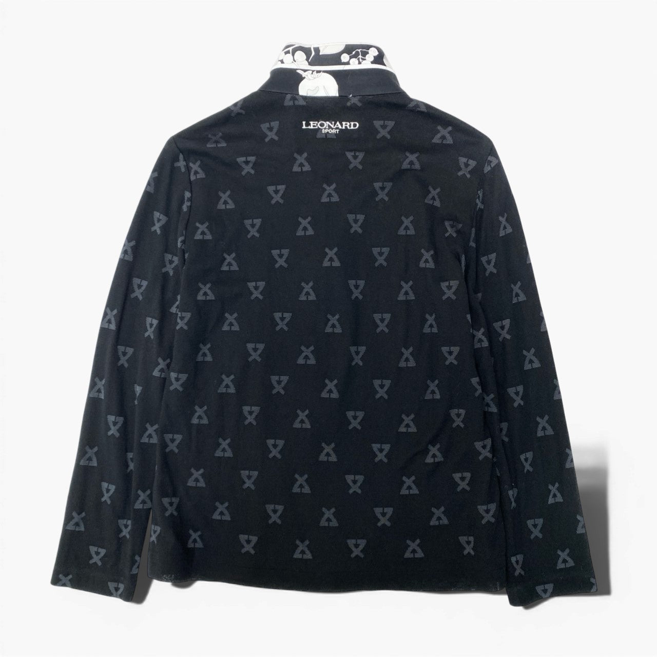 11b6【美品】LEONARD SPORT レオナール スポーツ ハイネックジップアップニットジャケット 美しい花柄プリント 素材切替 0558331 42サイズ モノトーン レディース 女性用u02t