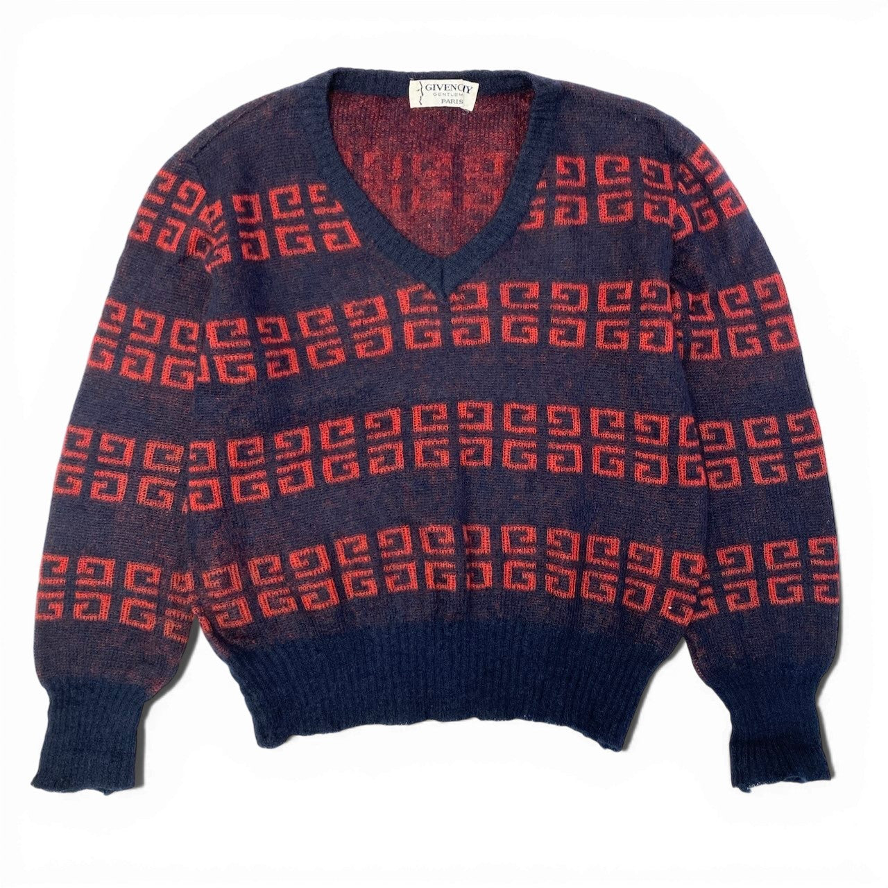 17c16 GIVENCHY ジバンシー Vintage ロングスリーブVネックニット ニットセーター ブランドロゴ トップス 48サイズ ネイビー レッド メンズ 男性用o07t