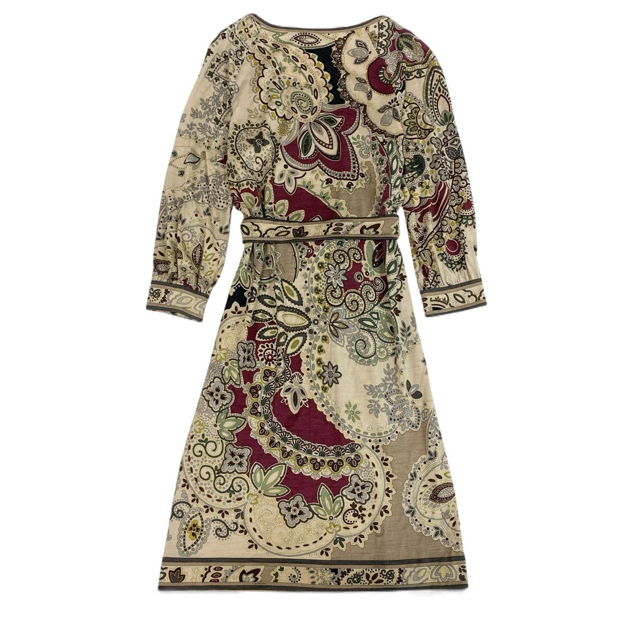 49L9 【美品】LEONARD レオナール 長袖ワンピース 膝丈ワンピース 総柄 ウエストリボン  Mサイズ マルチカラー レディースo07t