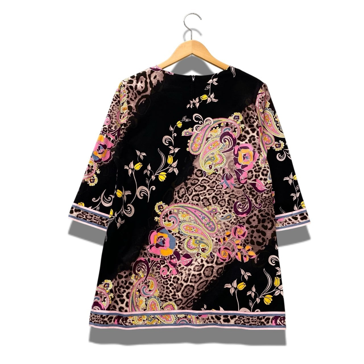 44b17 【極美品】LEONARD レオナール 七分袖チュニックトップス スクエアネック レオパード総柄プリント 0399604 42サイズ マルチカラー コットン100％ レディース 女性用u02t