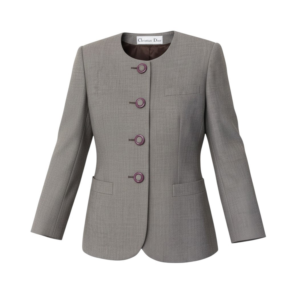 K Ei13 Christian Dior クリスチャンディオール ノーカラージャケット ウールジャケット くるみボタン ブラウン系 レディースo07t