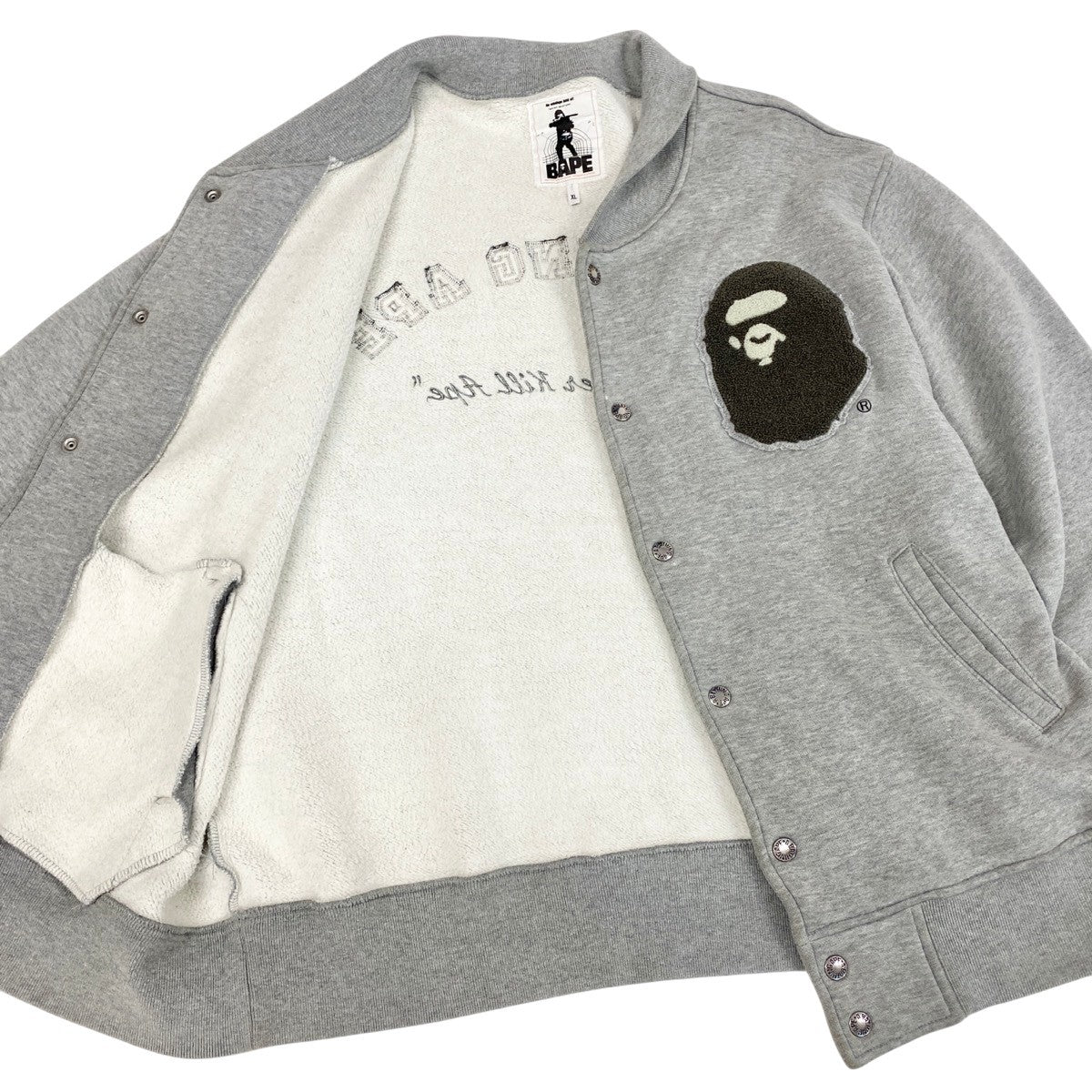 Mg19 A BATHING APE アベイシングエイプ NIGO期 00's スウェットスタジャン エイプヘッド ワッペンロゴ  XL グレー コットン100％ メンズu02t