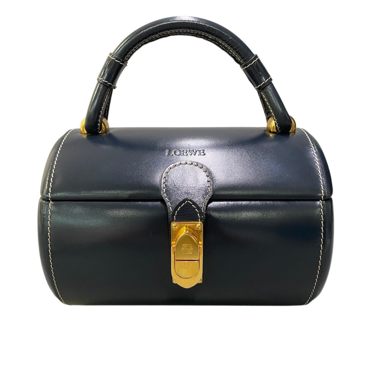 Ad2 LOEWE ロエベ ヴィンテージ ハンドバッグ バニティバッグ アナグラム金具 ネイビー レザー レディースu02t