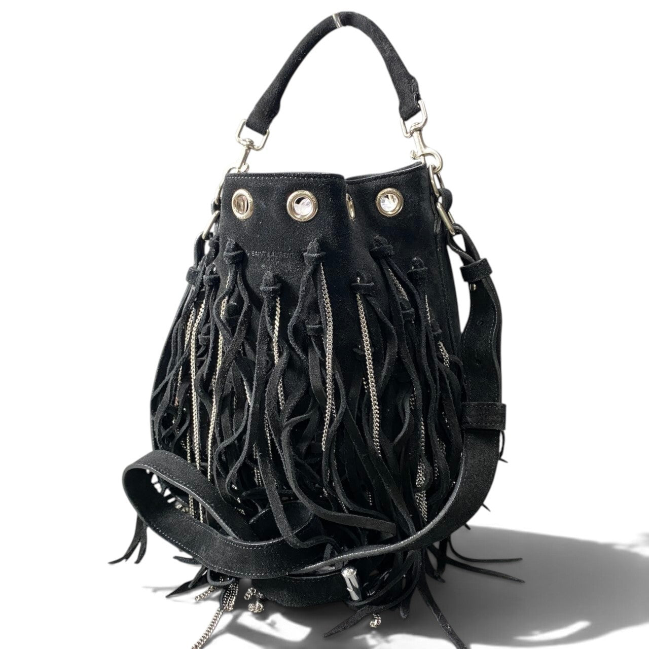 h21 SAINT LAURENT サンローラン フリンジ×チェーン バケットバッグ Fringe × Chain Bucket Shoulder Bag Black Leathert18r