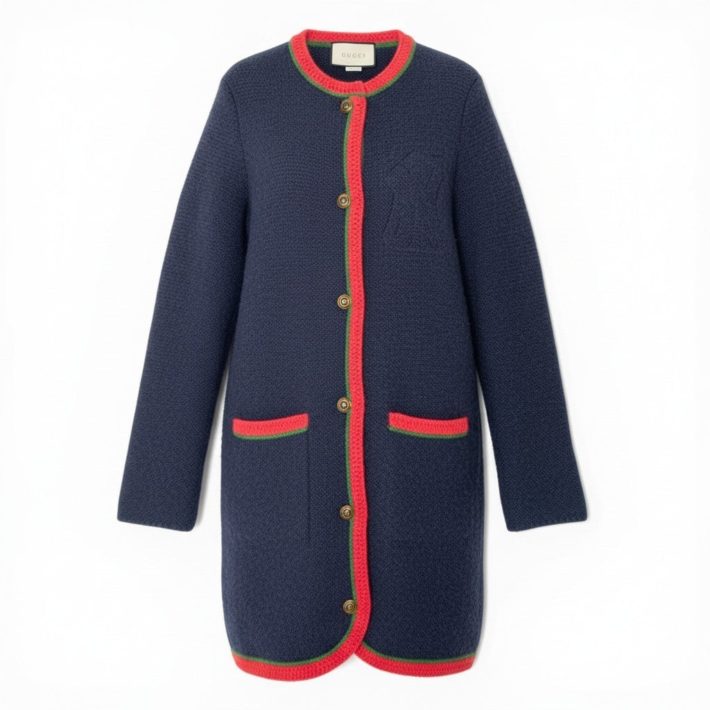 I GUCCI グッチ × NYヤンキース ウールニットロングカーディガン ニットコート インターロッキングGボタン 543419 ネイビー レディース 女性用nu1
