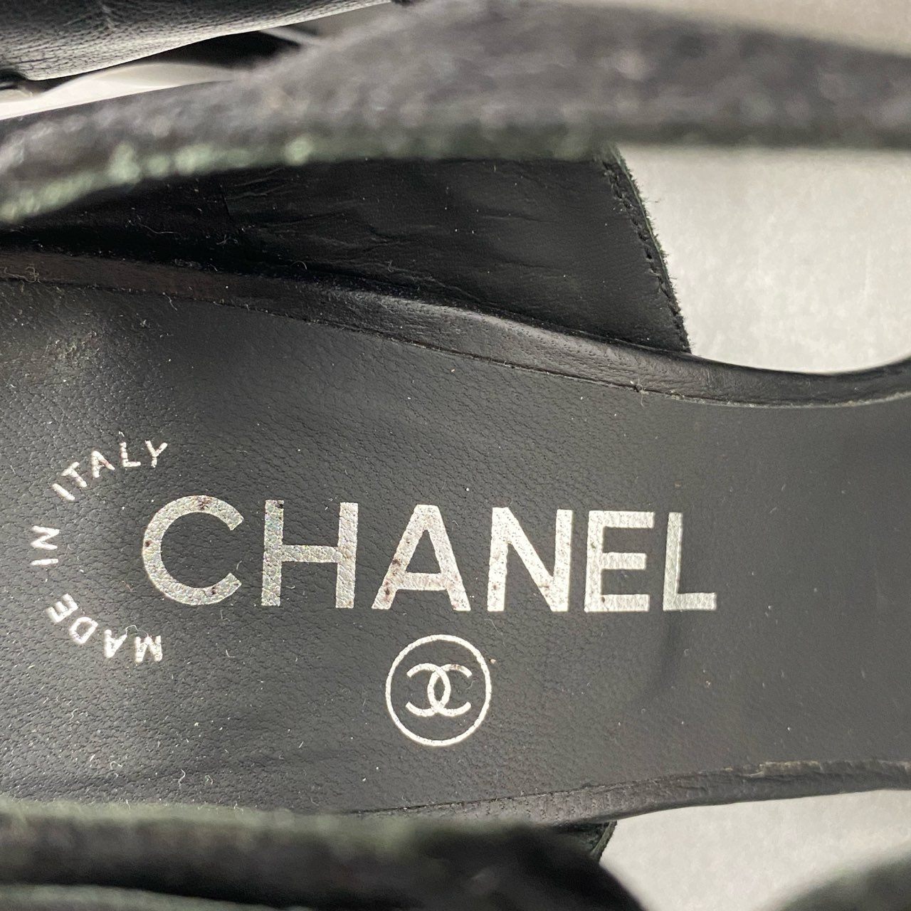 1h2 CHANEL シャネル ココマーク ストラップ ヒールサンダル 37 1/2 ブラック レザー シューズ イタリア製